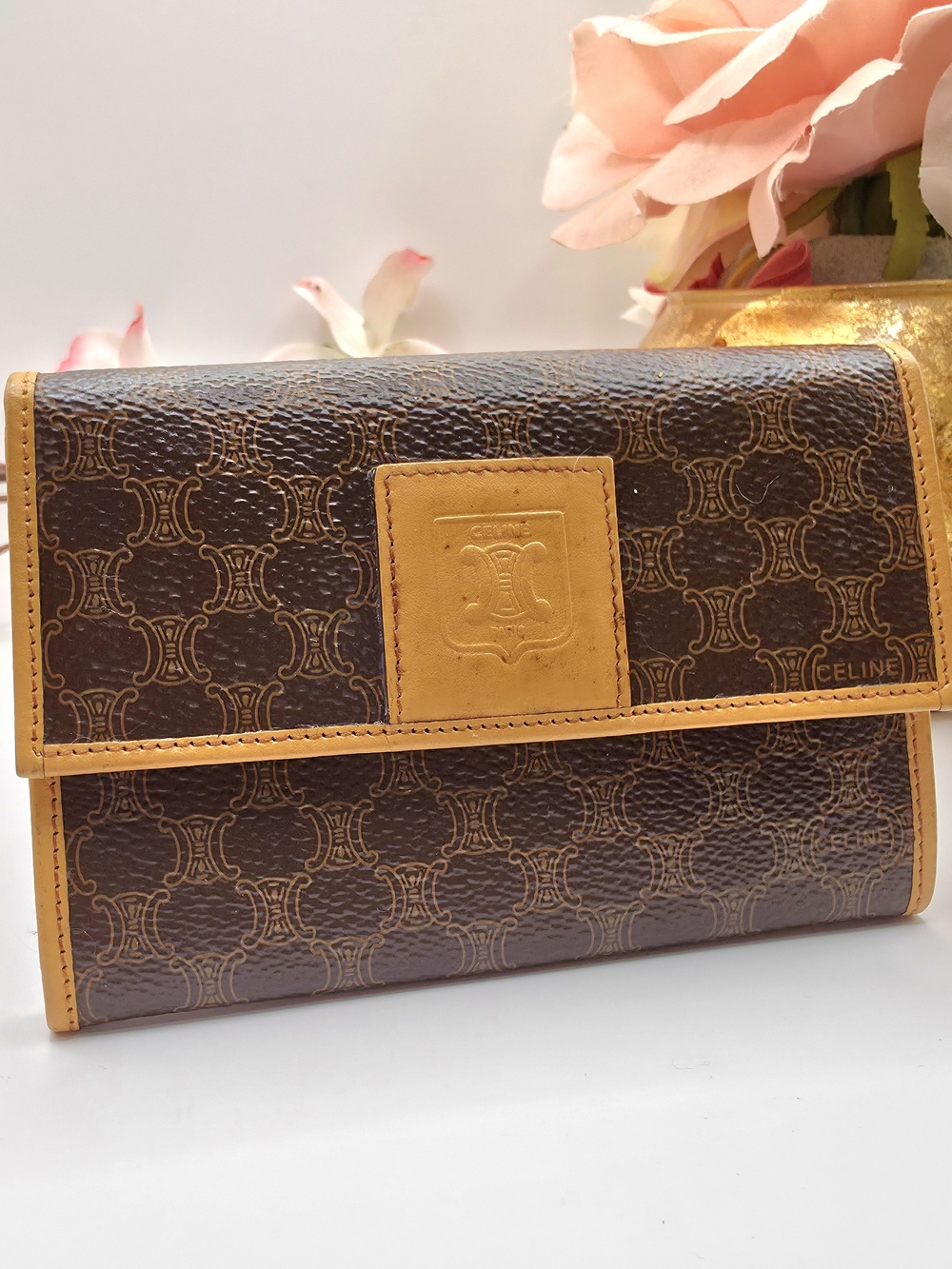Celine Triomphe Wallet with Tan Leather Accents
